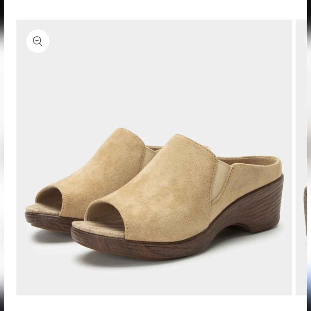 Alegria Women's Tan Suede Peep-Toe Clog Mules